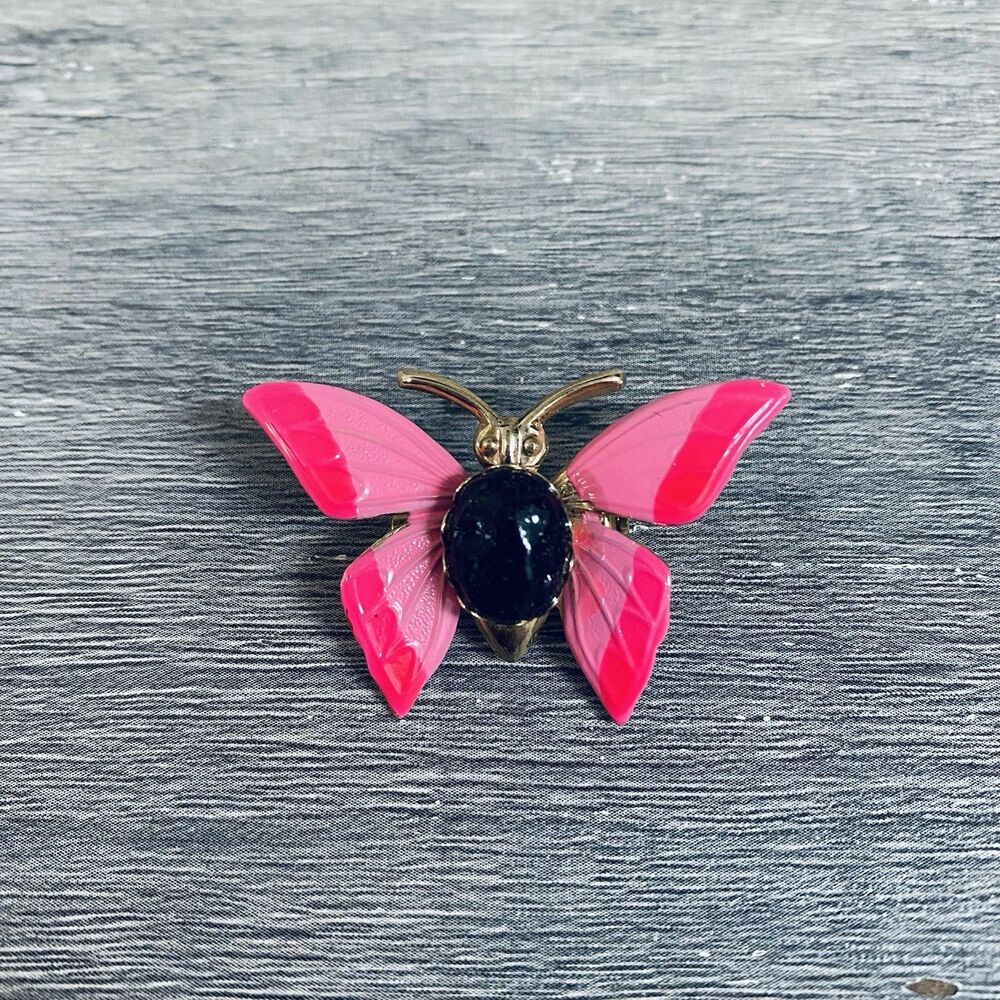 Vintage Blue Enamel Black Cabochon Fly Butterfly Insect Brooch Pin